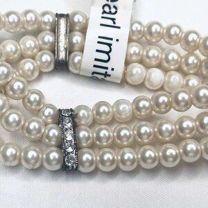 Vintage Imitation Pearl Stretch Bracelet with Rhinestone Spacers